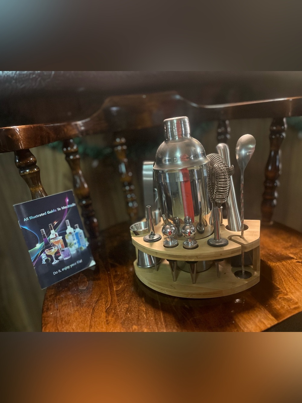 Stainless Steel Cocktail Bar Set with Bamboo Stand - Silver